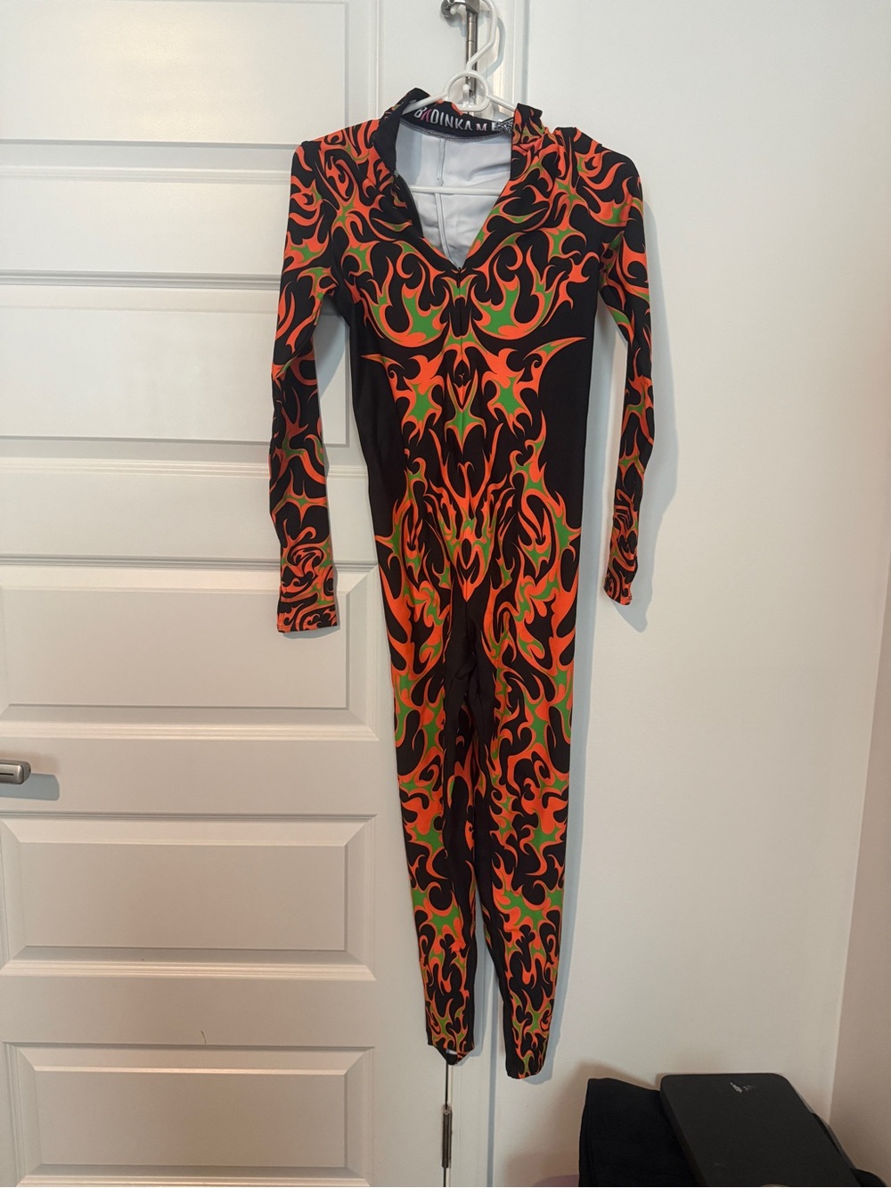 Flame Print Long-Sleeve Jumpsuit in Black & Orange